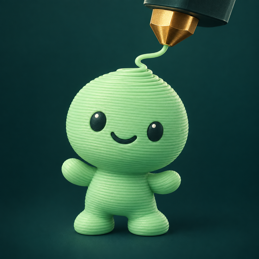 A cheerful green miniature emerging from a golden 3D printing nozzle. Illustration, not a scan or print result.